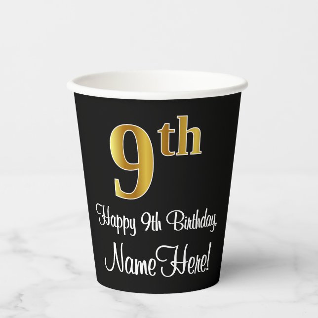 Gobelets En Papier 9e anniversaire - Elégant luxe Faux Gold Look # (Recto)
