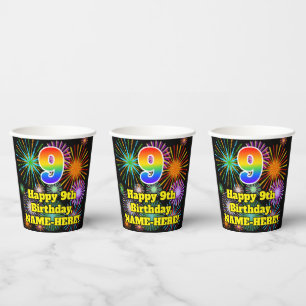 Gobelets En Papier 9e anniversaire : motif de feux d'artifice amusant