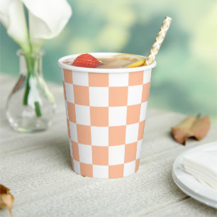 Gobelets En Papier à damiers carré pêche orange blanc géométrique
