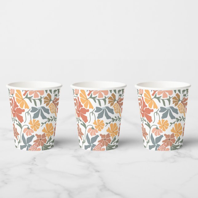 Gobelets En Papier Abstrait Floral & Oiseaux Mi-siècle Motif moderne (Multi)