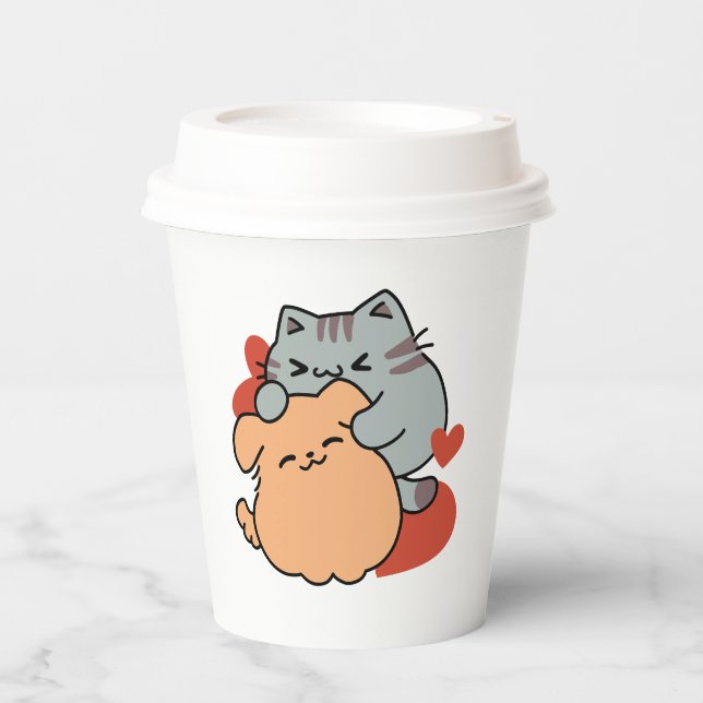 Gobelets En Papier Adorable chat et chien Hug - Meow & Woof Design (Recto)