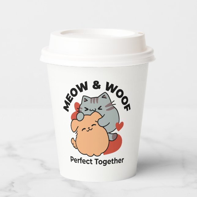 Gobelets En Papier Adorable chat et chien Hug - Meow & Woof Design (Recto)