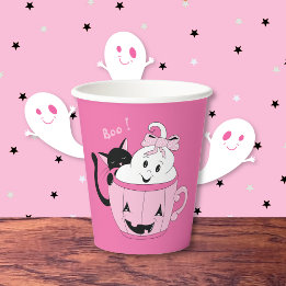 Gobelets En Papier Adorable Chat noir Fantôme rose Halloween Coupe de