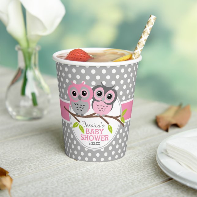 Gobelets En Papier Adorable Chouette rose Baby shower personnalisé (Insitu)