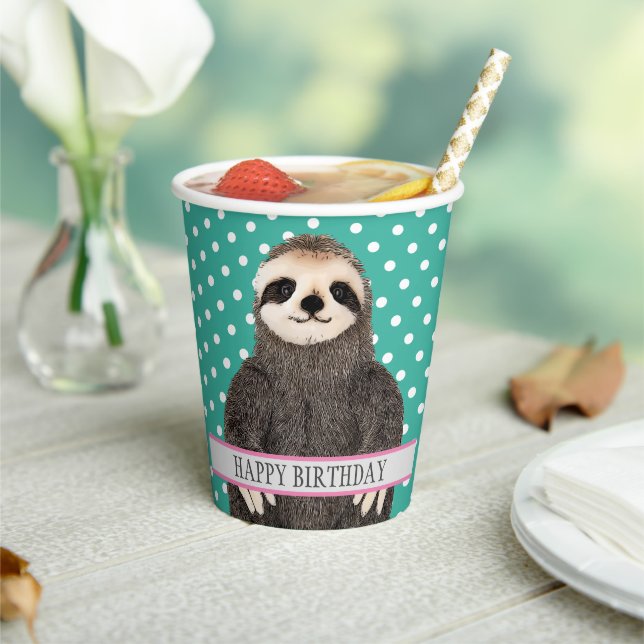 Gobelets En Papier Adorable Sloth Turquoise L'heureux animal d'annive (Insitu)