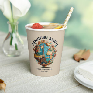 Gobelets En Papier Adventure Await Modern Globe Baby shower Paper Cu