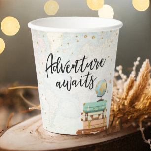 Gobelets En Papier Adventure Await Travel Gold Confetti Baby shower
