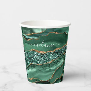 Gobelets En Papier Agate Green Gold Parties scintillant Geode Marbre