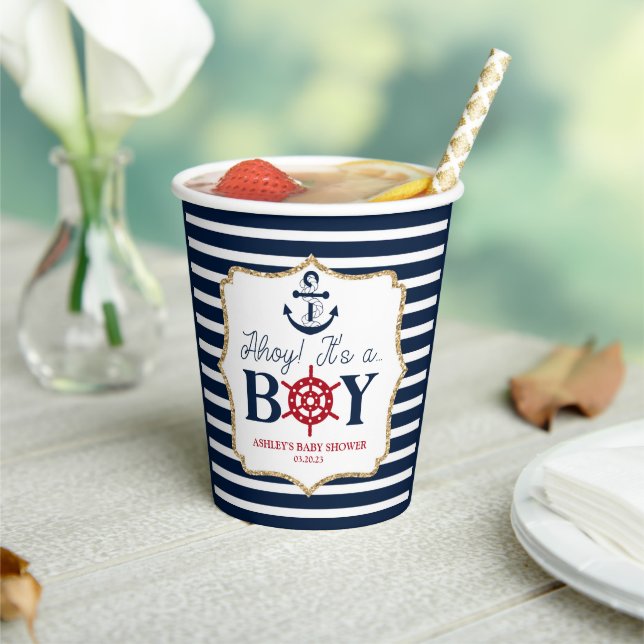 Gobelets En Papier Ahoy C'est un garçon Baby shower bleu marine nauti (Insitu)