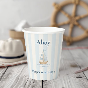 Gobelets En Papier Ahoy Nautical Birthday   Bateau à voile bleu Paste