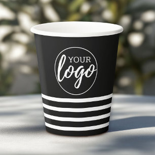 Gobelets En Papier Ajouter votre logo avec motif rayé - noir blanc