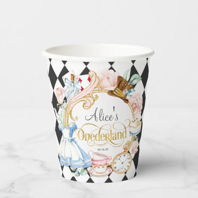 Gobelets En Papier Alice à Onederland, fille 1er anniversaire Coupes  (Recto)