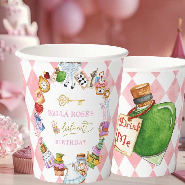 Gobelets En Papier Alice in Wonderland 1st birthday Pink  (Créateur téléchargé)