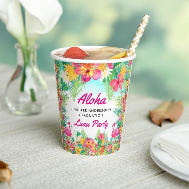 Gobelets En Papier Aloha Tropical Flamant rose Luau Graduation Tasses (Insitu)