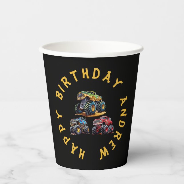 Gobelets En Papier Amusant personnalisable monstre camion anniversair (Recto)