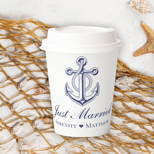 Gobelets En Papier Ancre Bleu Marine Juste Marié Mariage Nautique (Créateur téléchargé)