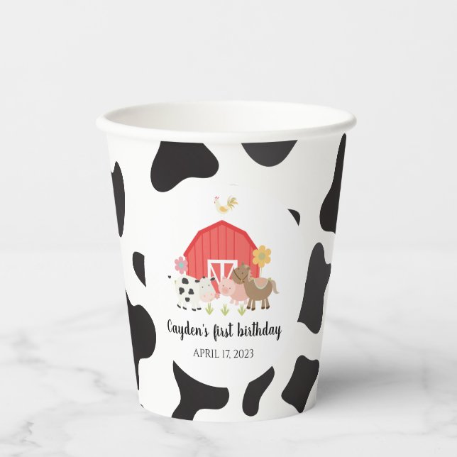 Gobelets En Papier Animaux de ferme Vache d'anniversaire Imprimer (Recto)