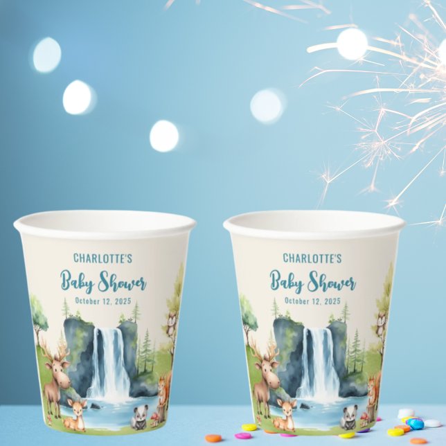 Gobelets En Papier Animaux de la forêt Baby shower bleu personnalisé (Créateur téléchargé)