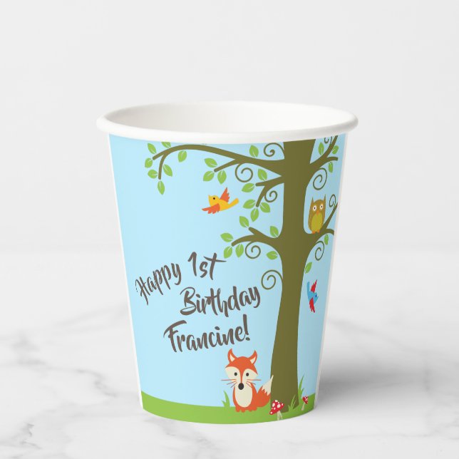 Gobelets En Papier Animaux des bois fête d'anniversaire (Recto)