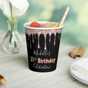 Gobelets En Papier Anniversaire 21 ans paillettes noires et or rose 
