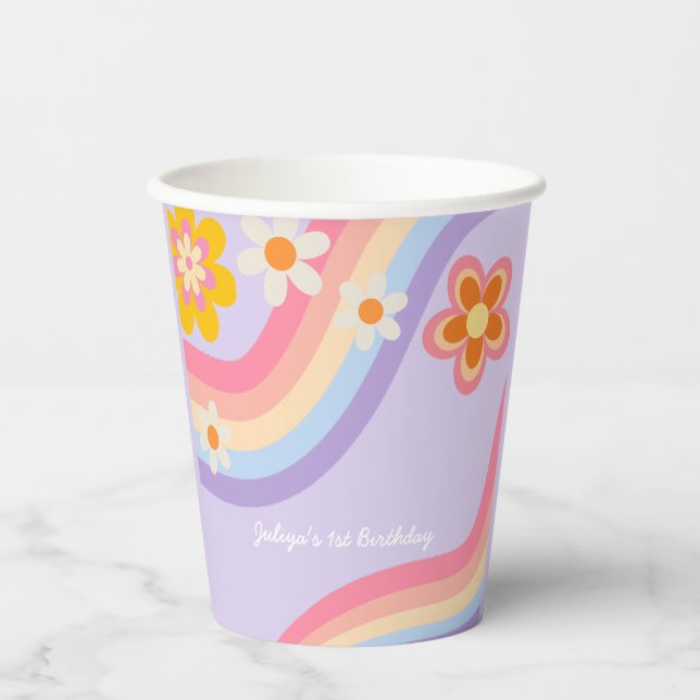 Gobelets En Papier Anniversaire Arc-en-ciel rétro (Recto)