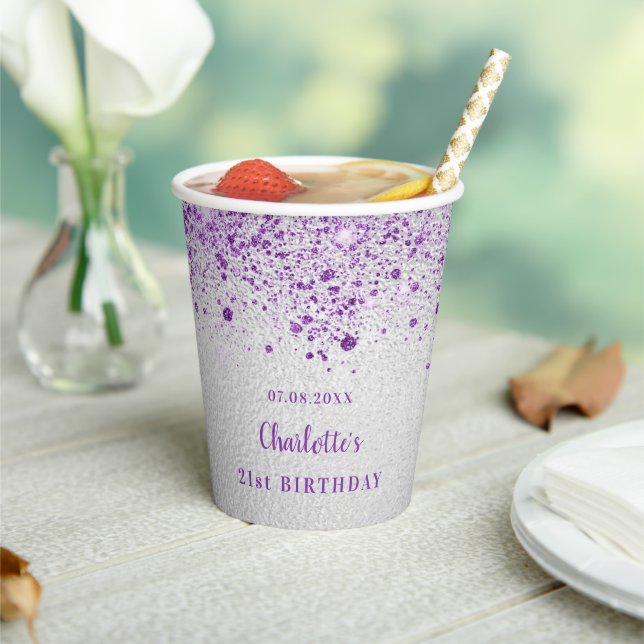 Gobelets En Papier Anniversaire argent violet parties scintillant mon (Insitu)