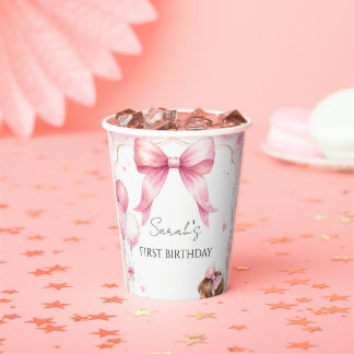 Gobelets En Papier Anniversaire Bébé Fille Arc Rose Aquarelle
