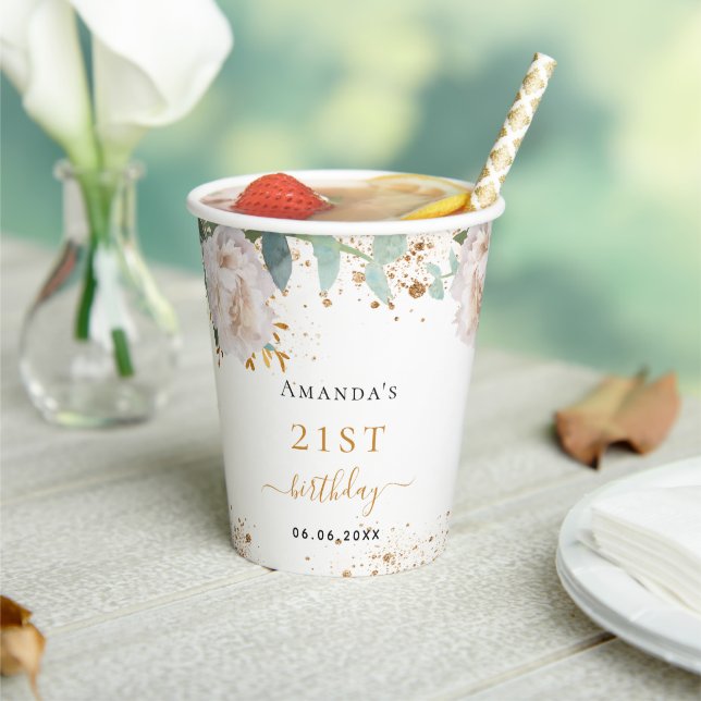 Gobelets En Papier Anniversaire blanc eucalyptus parties scintillant  (Insitu)