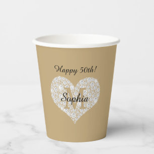 Gobelets En Papier Anniversaire, Coeur Diamant, Monogramme Or, Nom