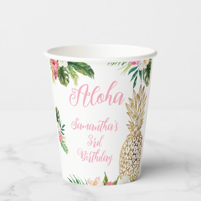Gobelets En Papier Anniversaire d'Aloha Luau Hawaiian Gold Pineappy (Verso)