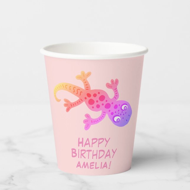 Gobelets En Papier Anniversaire de enfant de dessin rose Gecko Lizard (Recto)
