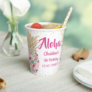 Gobelets En Papier Anniversaire de l'ananas rose tropicale Floral Lua
