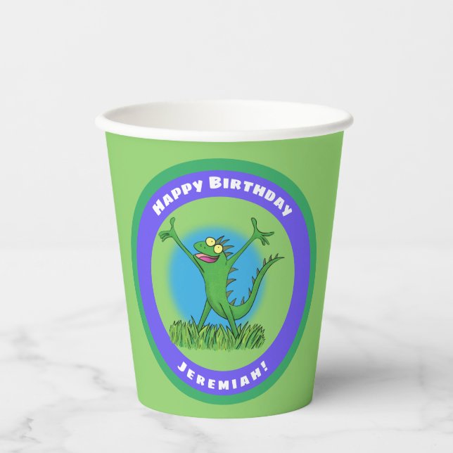Gobelets En Papier Anniversaire de lézard d'iguane animé vert amusant (Recto)