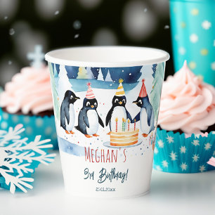 Gobelets En Papier Anniversaire d'hiver de Penguin arctique personnal