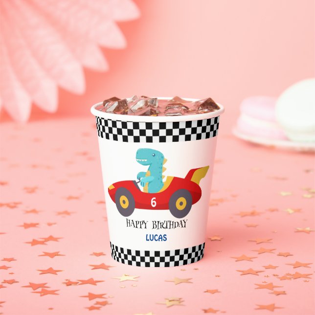 Gobelets En Papier Anniversaire Dinosaur voiture de course rouge nom  (Insitu)