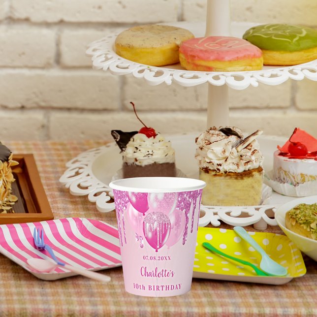 Gobelets En Papier Anniversaire fête fille nom ballons roses (Créateur téléchargé)