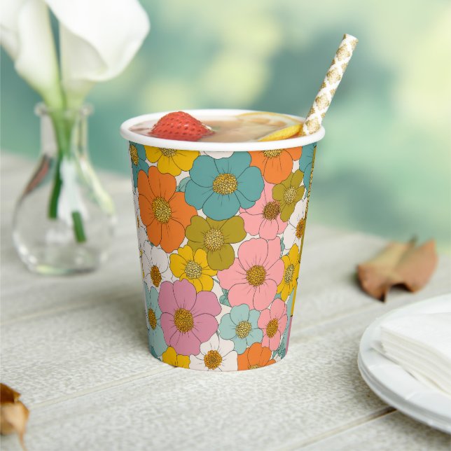 Gobelets En Papier Anniversaire Floral Hippie Retro (Insitu)