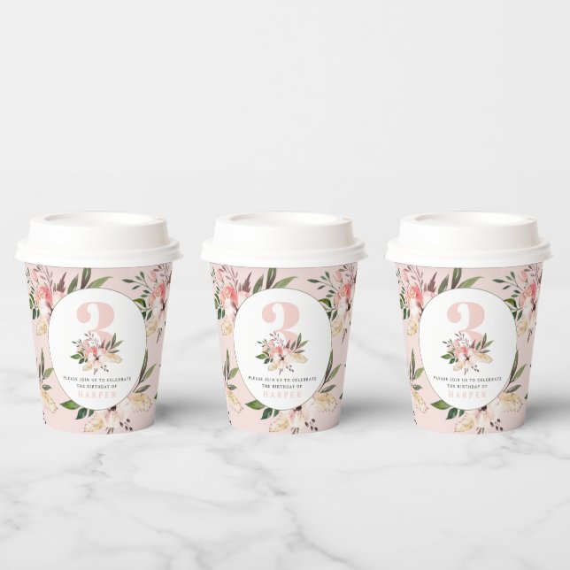 Gobelets En Papier Anniversaire rose floral élégant  (Multi)