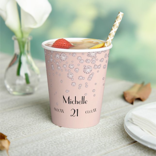Gobelets En Papier Anniversaire rose or noir nom diamants (Insitu)