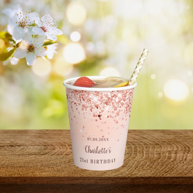 Gobelets En Papier Anniversaire rose or parties scintillant nom monog (Créateur téléchargé)