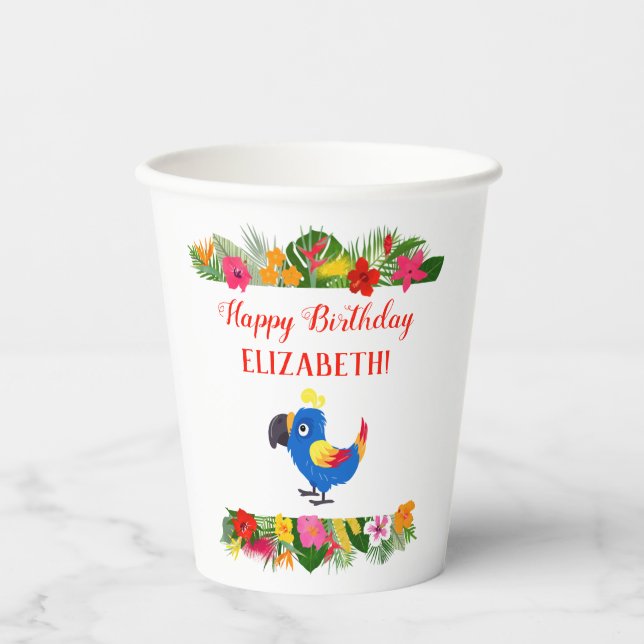 Gobelets En Papier Anniversaire tropical du joli perroquet (Recto)