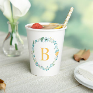 Gobelets En Papier Aqua et Yellow Monogramme Floral Wreath