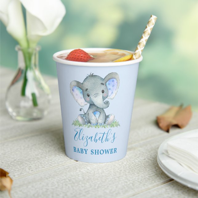 Gobelets En Papier Aquarelle Baby shower bleu éléphant (Insitu)
