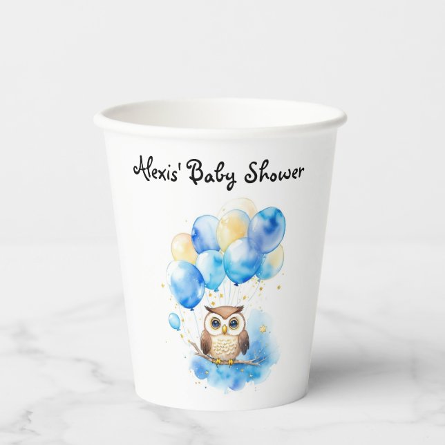 Gobelets En Papier Aquarelle Baby shower de la Chouette des bois (Recto)