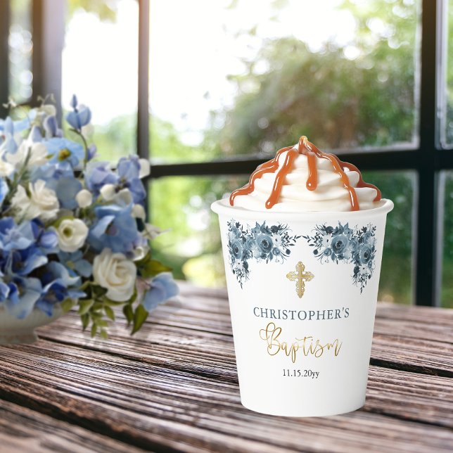 Gobelets En Papier Aquarelle bleu or Floral Garçon Baptême (Blue | Gold-Toned Watercolor Floral Boy Baptism Paper Cups)