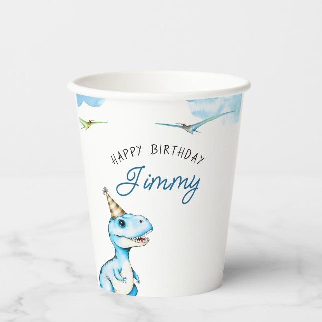 Gobelets En Papier Aquarelle Bleu Trois Rex Dinosaur Anniversaire (Recto)