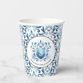 Gobelets En Papier Aquarelle bleue Fête des mariées de crête monogram