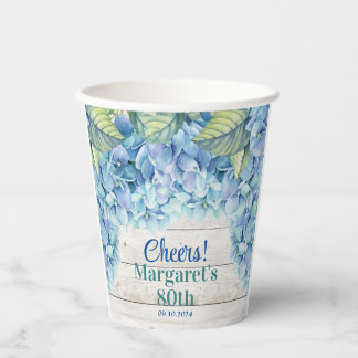 Gobelets En Papier Aquarelle Blue Hydrangea 80e anniversaire