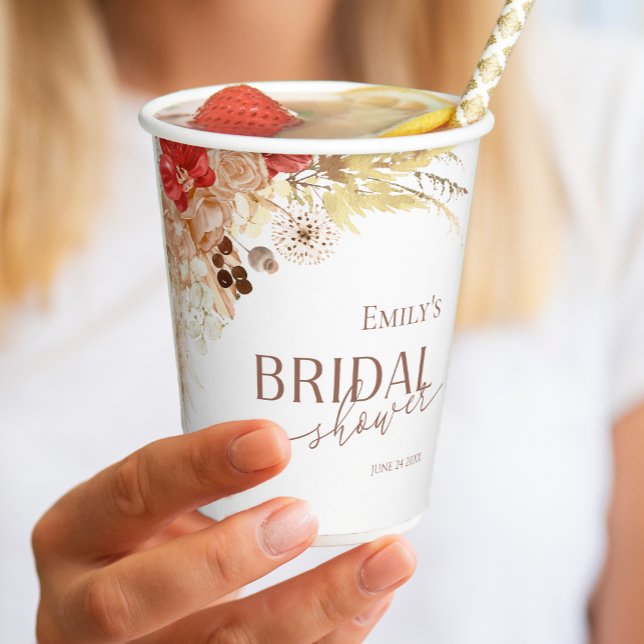 Gobelets En Papier Aquarelle Boho Floral | Fête des mariées en terre  (Créateur téléchargé)