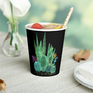 Gobelets En Papier Aquarelle, cactus, fleurs grand horloge